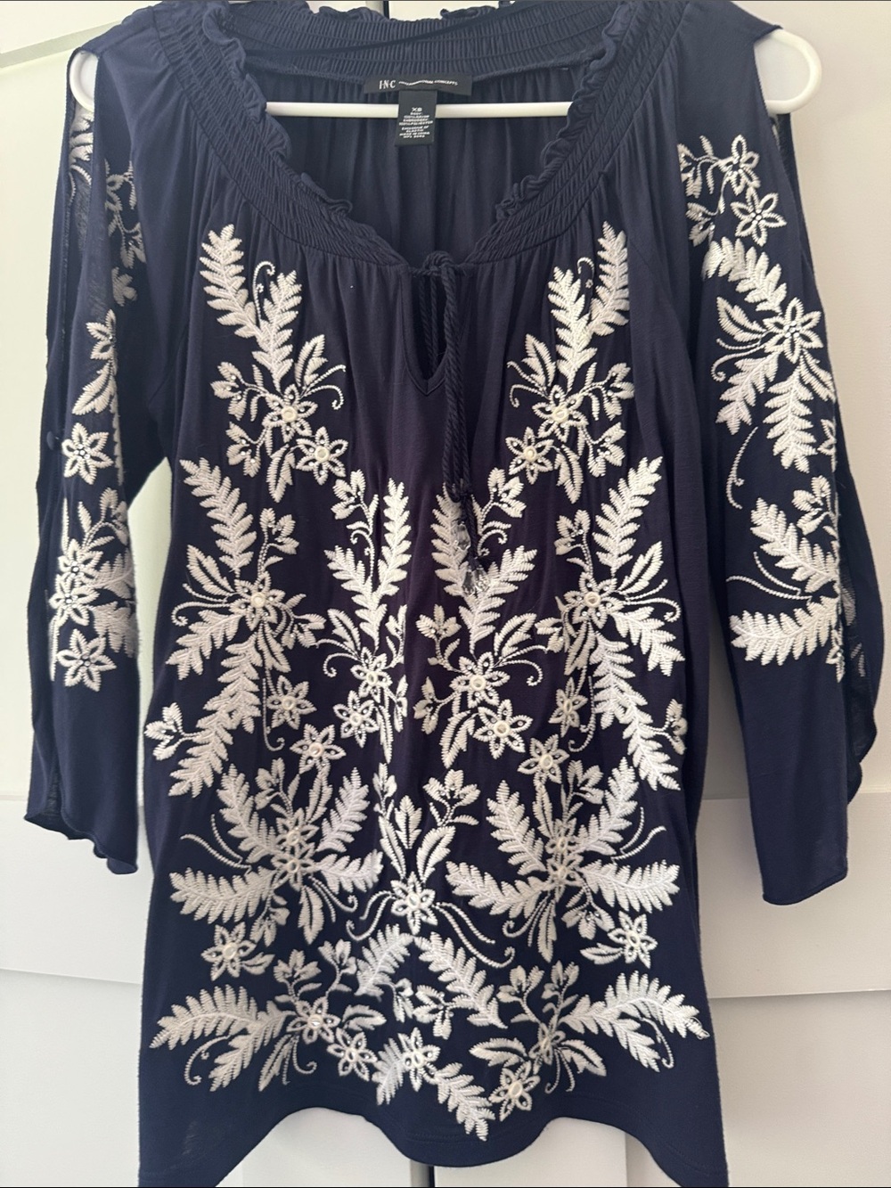 INC International Concepts Navy Cold-Shoulder Floral Embroidered Tunic